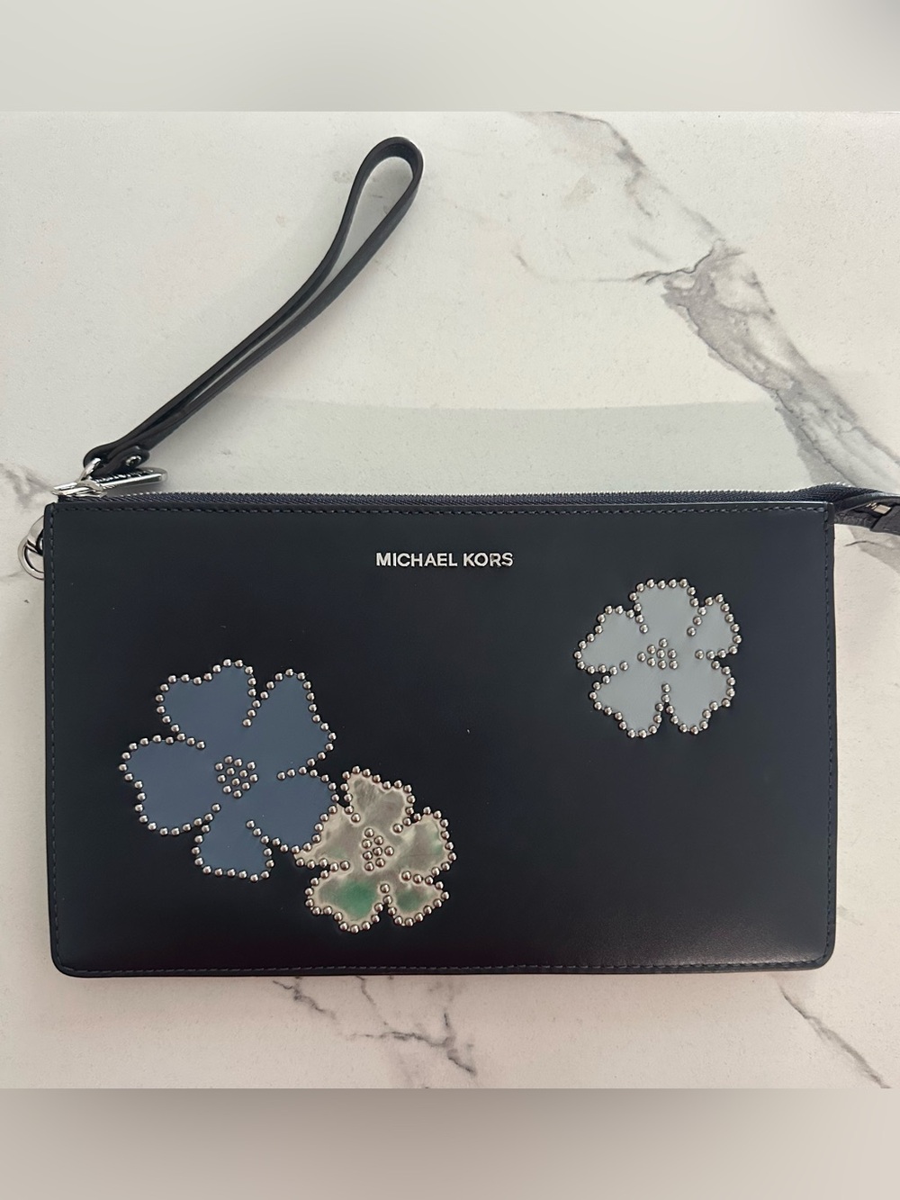 Michael Kors 3D Floral Wristlet Navy Blue – Excellent Condition